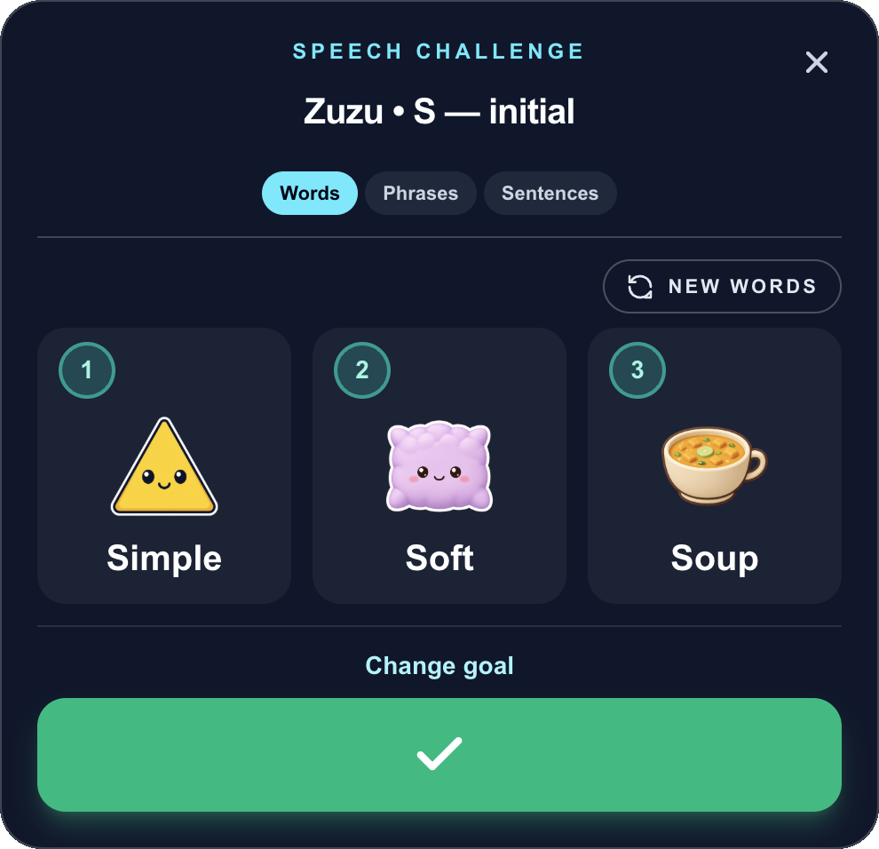 The in-game Targets card: Simple, Soft and Soup side by side, each with its own picture, above a big green done button